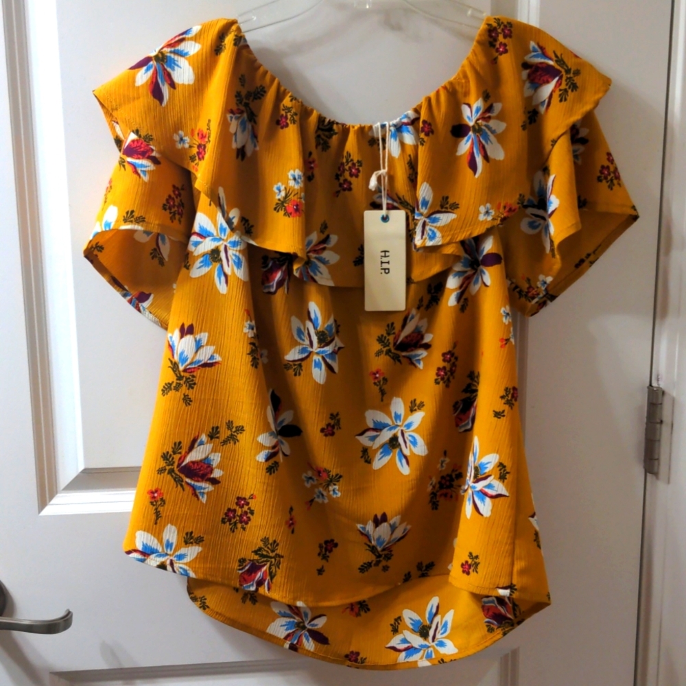 H.I.P. NWT Mustard Floral Women's Large Off the Shoulder Summer Blouse Ruffles - Picture 2 of 6
